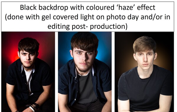 Headshots to show examples of coloured haze used in photos by gel lights or in photoshop post production